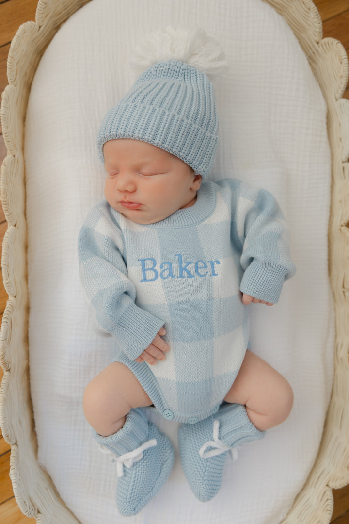 Gingham Print Personalized Romper  - Blue