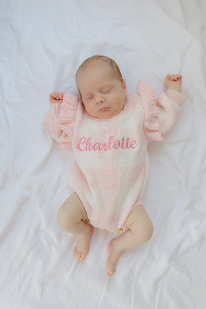 Gingham Personalized Ruffle Romper  - Pink PRE-ORDER