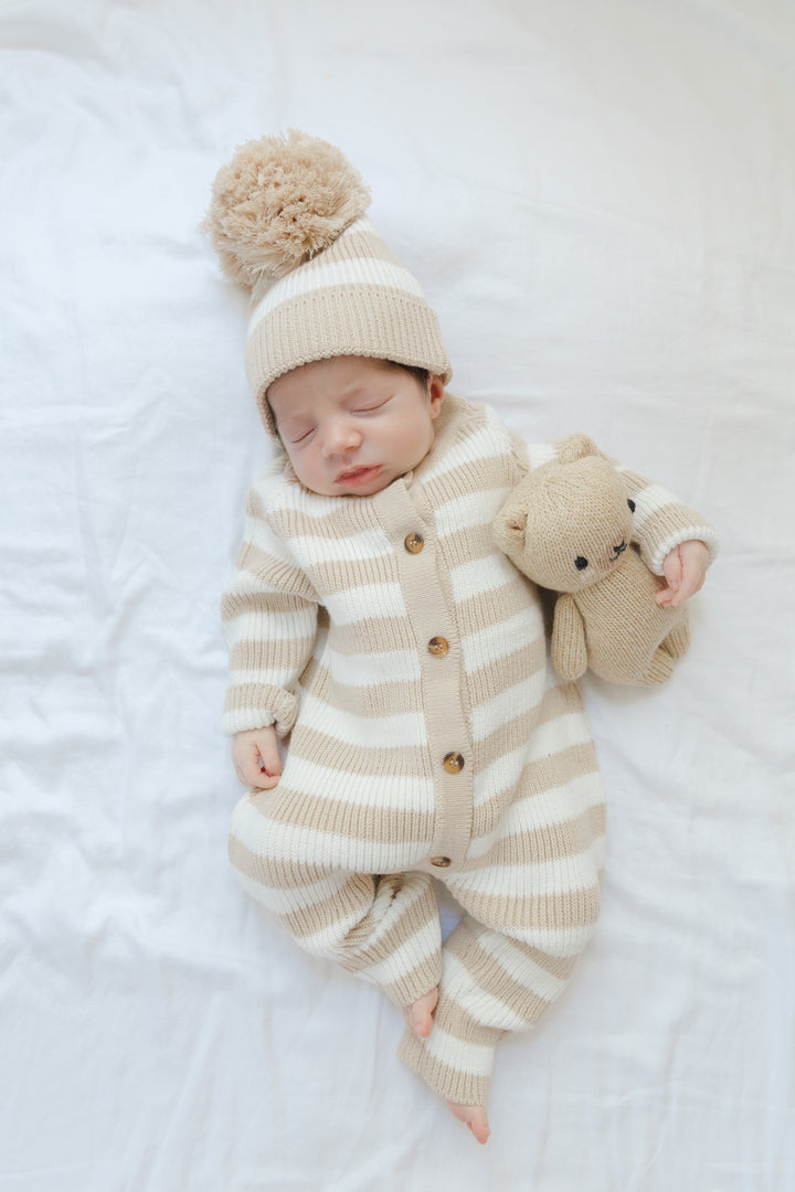 Knit Striped Neutral Jumpsuit/Hat in Tan Stripe
