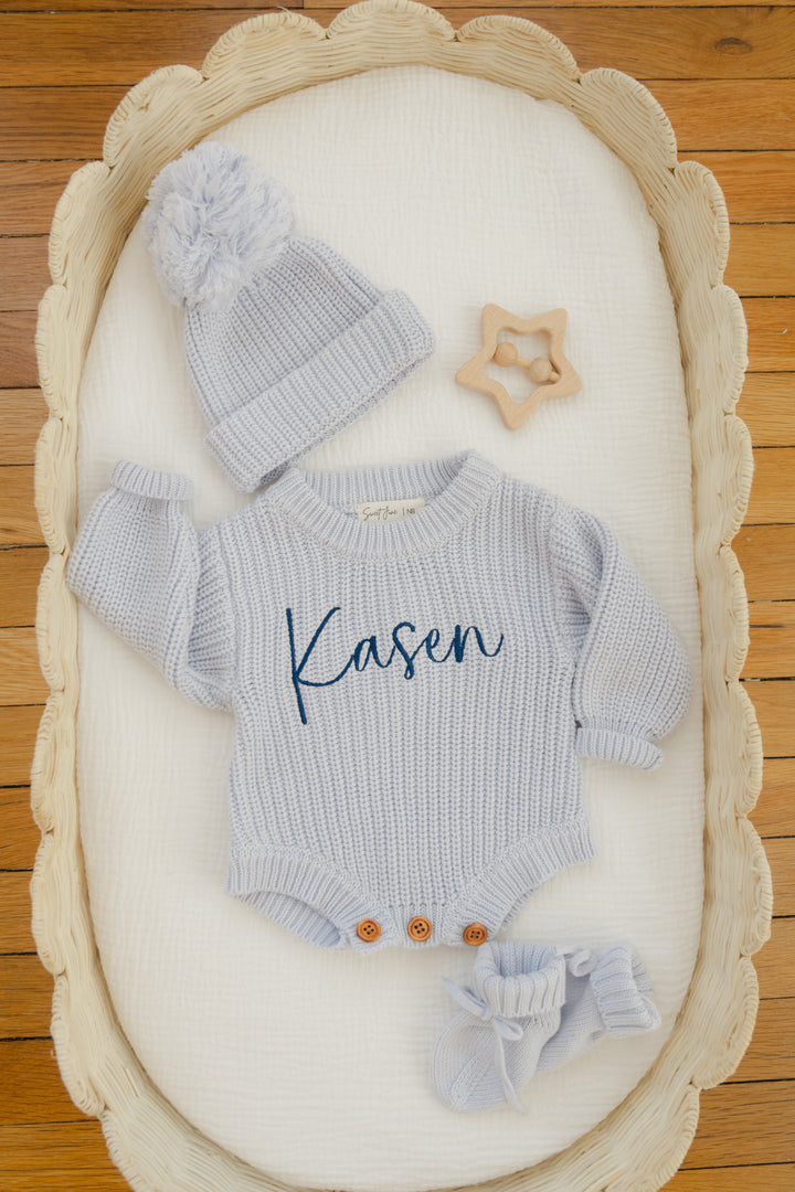 Knit Ribbed Personalized Romper in Dusty Blue