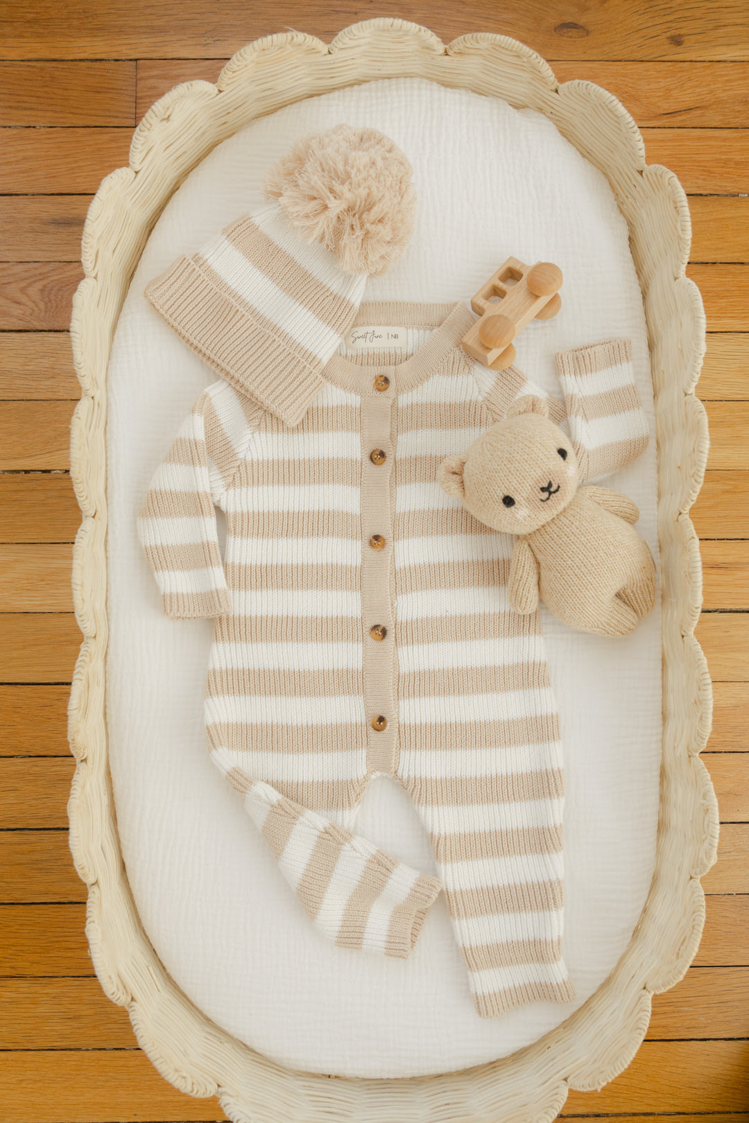 Knit Striped Neutral Jumpsuit/Hat in Tan Stripe