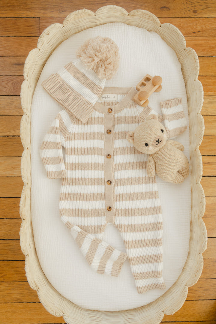 Knit Striped Neutral Jumpsuit/Hat in Tan Stripe