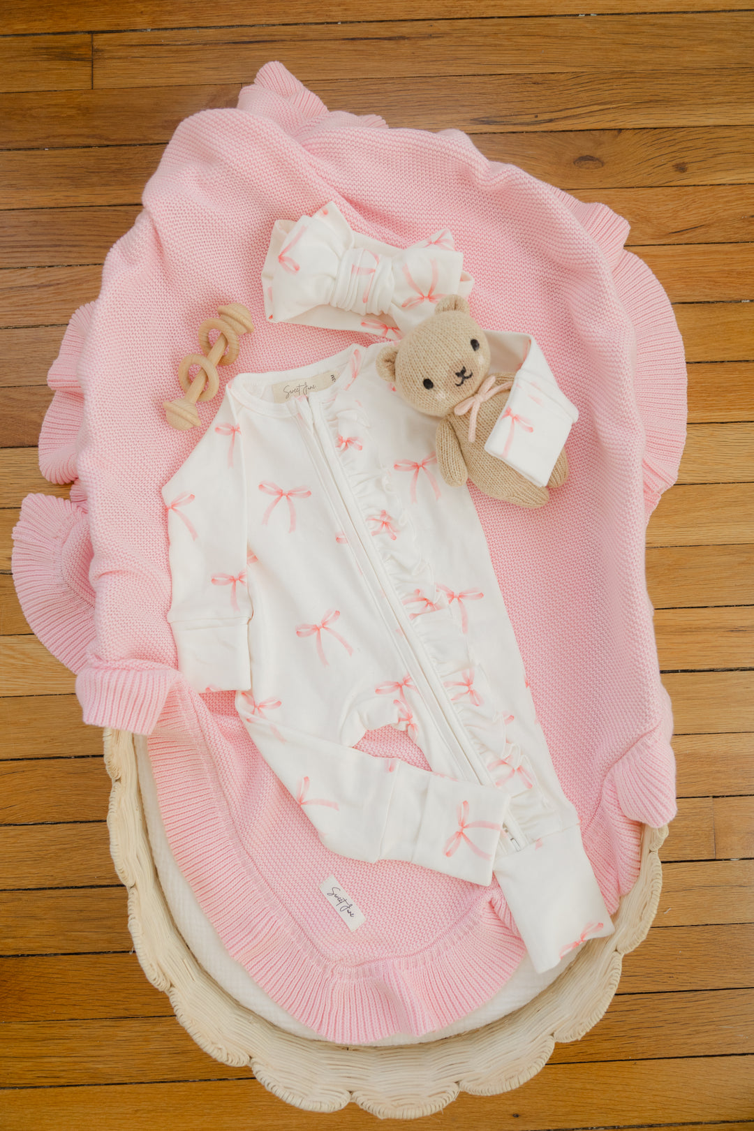 Ruffle Full Zip Romper Pajamas| Pink Bows