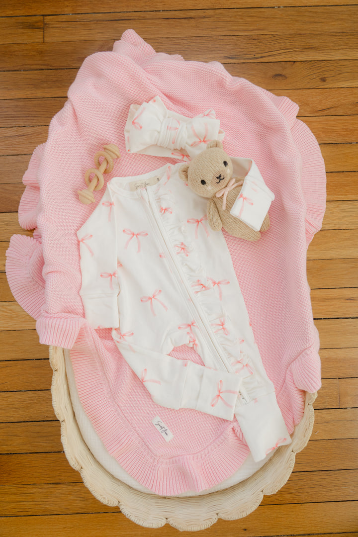 Ruffle Full Zip Romper Pajamas| Pink Bows