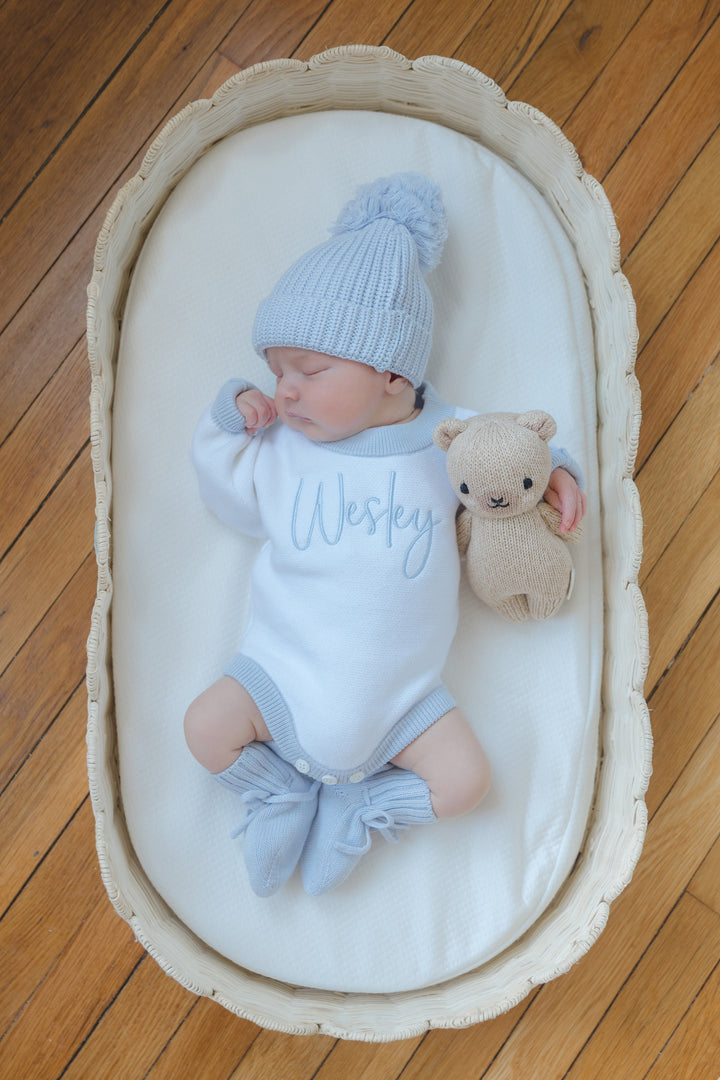 Flat Knit Personalized Romper - Dusty Blue Trim