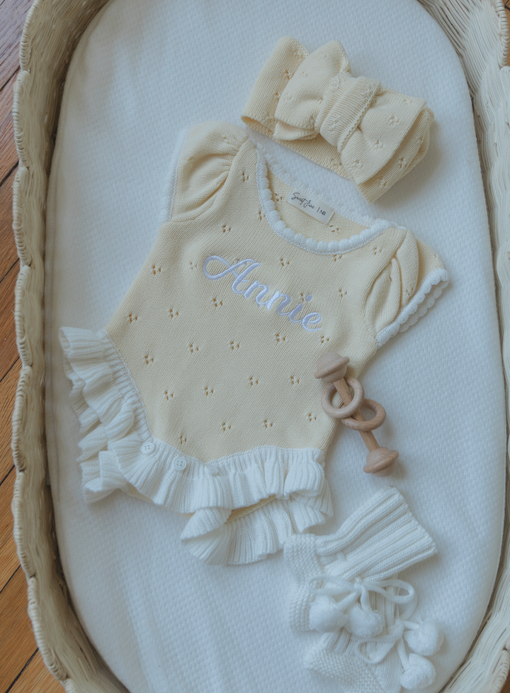 Frill Pointelle Ruffle Personalized Romper - Buttercup