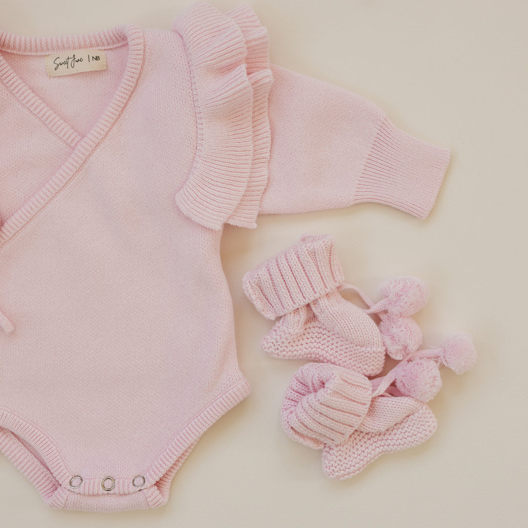 Knit Pom Pom  Booties in Petal Pink