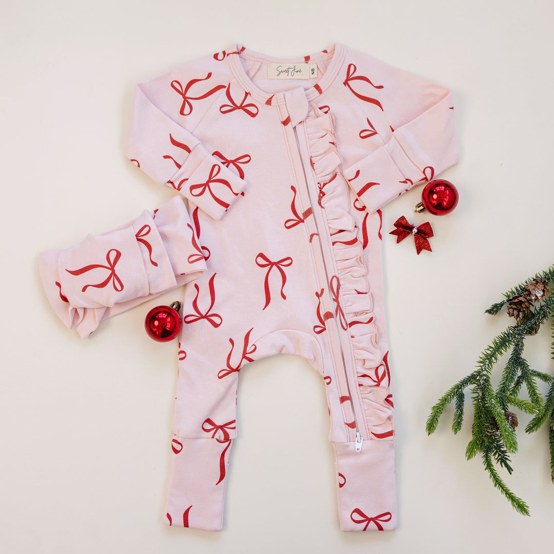 Full Zip Romper Pajamas Set | Red Bows