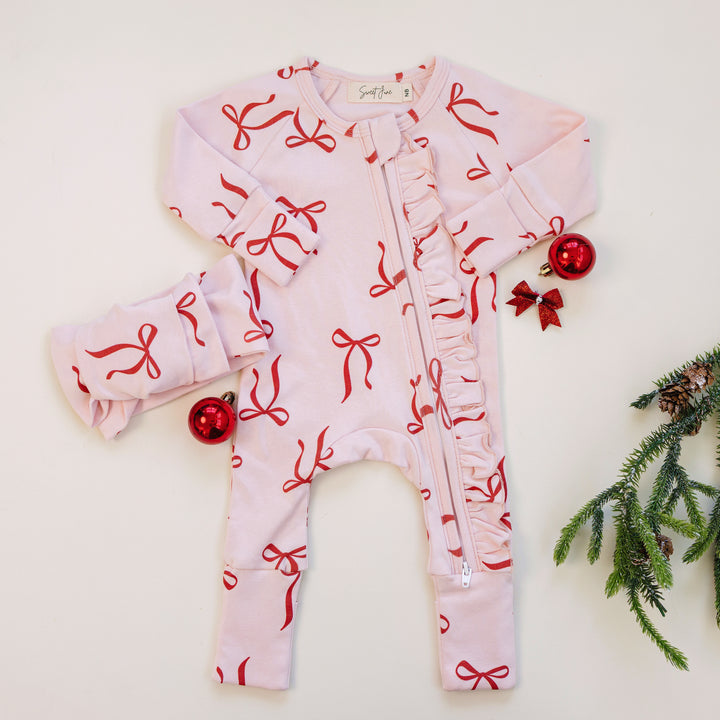 Full Zip Romper Pajamas Set | Red Bows