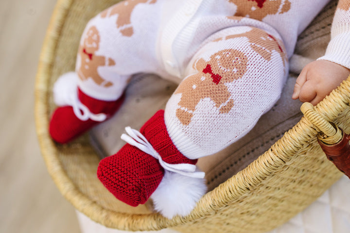 Christmas Red Knit Booties - Pom Poms