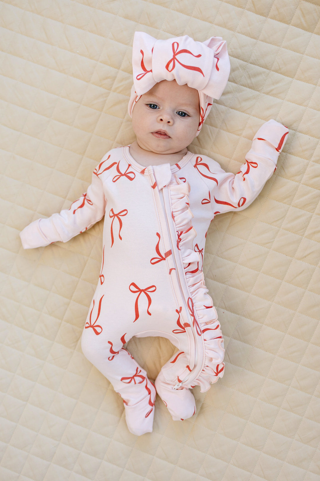 Full Zip Romper Pajamas Set | Red Bows