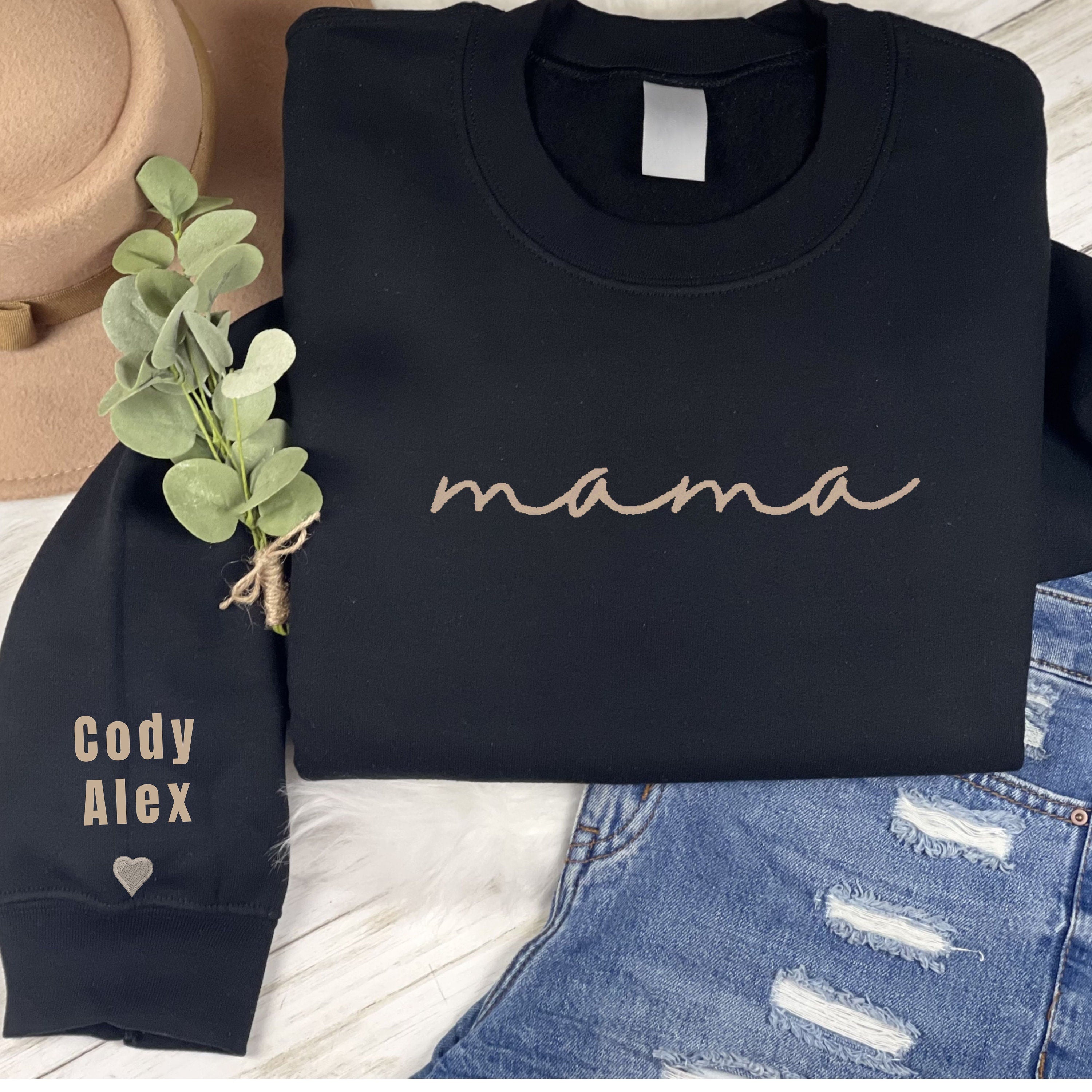 Mama Sweatshirt with Kids Names Sleeve | Embroidered Sweatshirt | Minimal Mama Sweater | Mother's Day Gift | Mom Sweatshirt | New Baby Gift