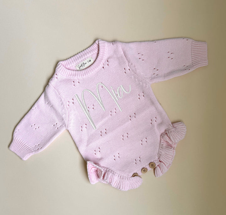 Pointelle Ruffle Personalized Romper - Petal Pink