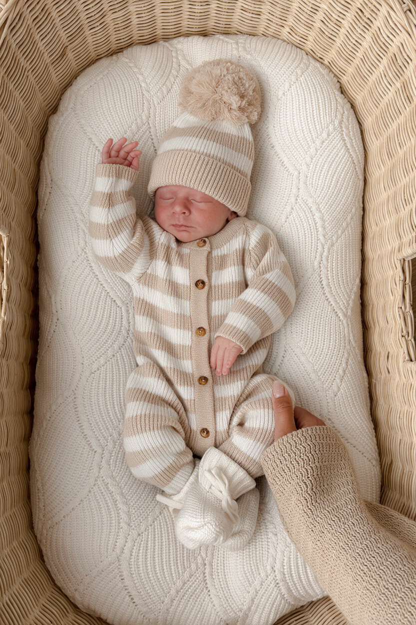 Knit Striped Neutral Jumpsuit/Hat in Tan Stripe