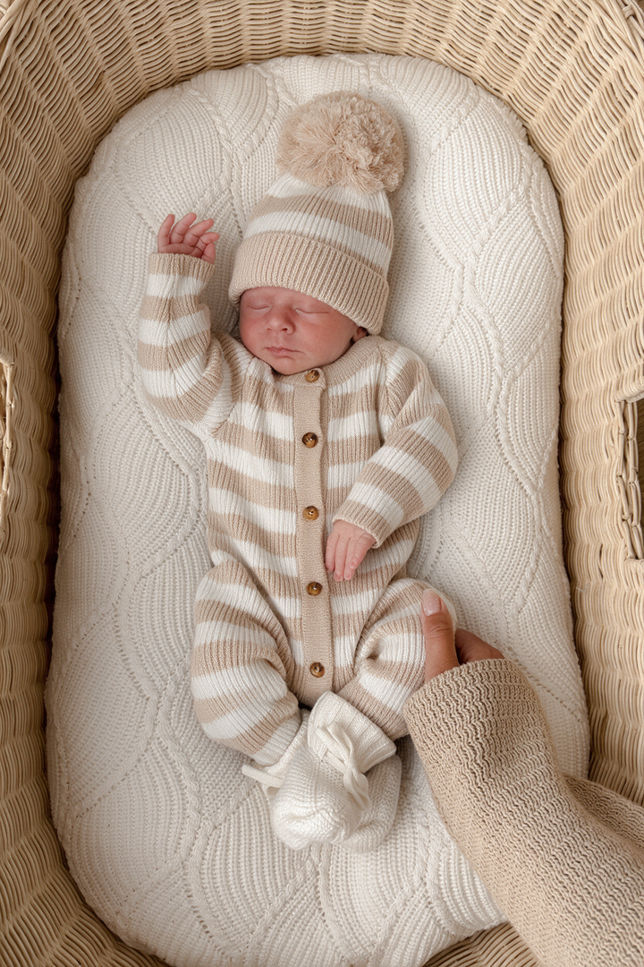 Knit Striped Neutral Jumpsuit/Hat in Tan Stripe