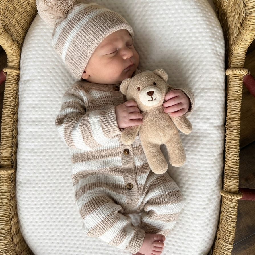 Knit Striped Neutral Jumpsuit/Hat in Tan Stripe