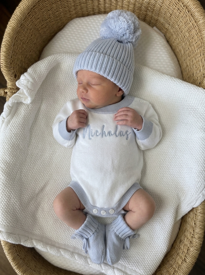 Flat Knit Personalized Romper - Dusty Blue Trim