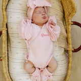 Knit Side Tie Ruffle Romper - Petal Pink